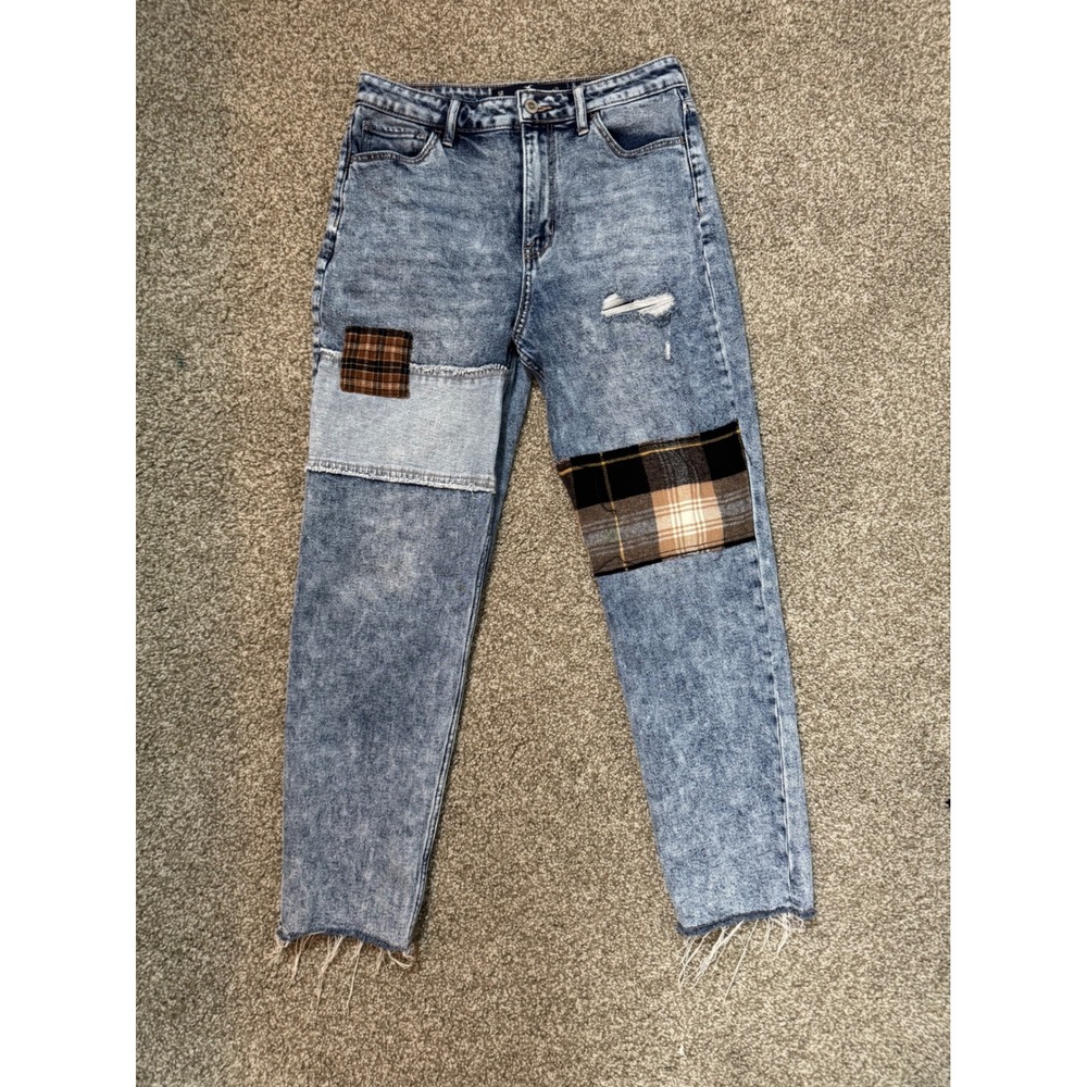 Hollister Ultra High-Rise Mom Jeans Acid Wash Patchwork Plaid Distressed 5R W27